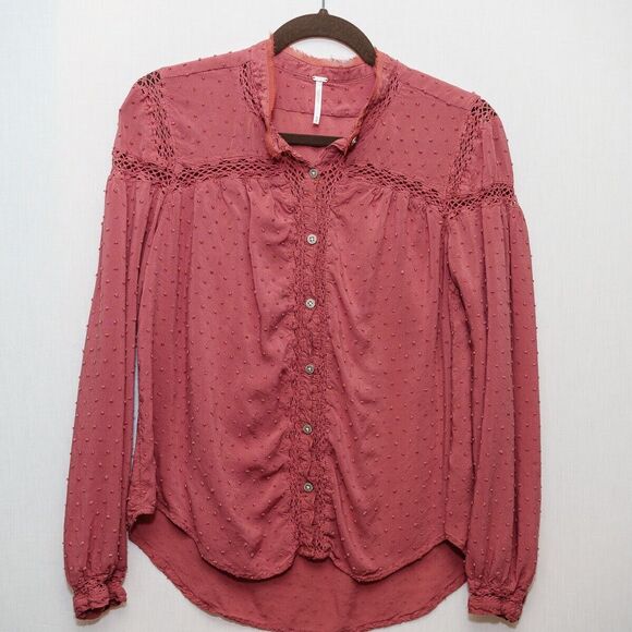Free People Everyday Girl swiss dot longsleeves button down blouse M boho - Picture 2 of 8
